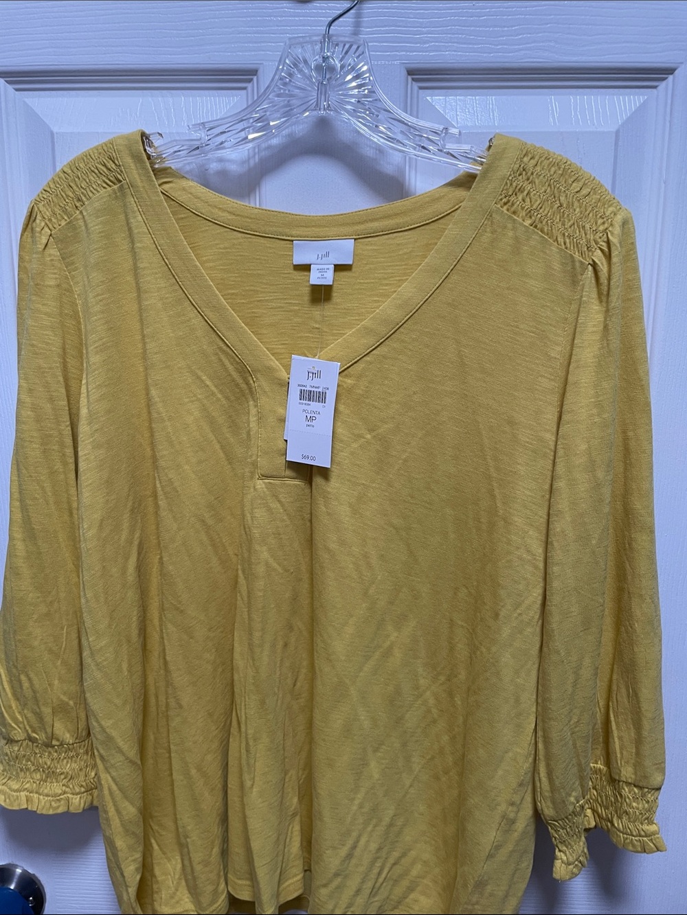J. Jill Mustard Yellow V-Neck Smocked Shoulder & Cuff Top
